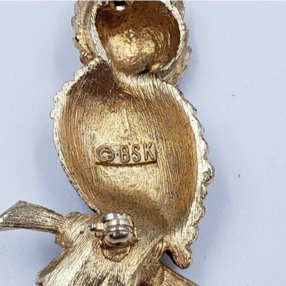 Vintage BSK Owl Brooch on Branch Gold Tone Red Glass Eyes - Picture 6 of 11